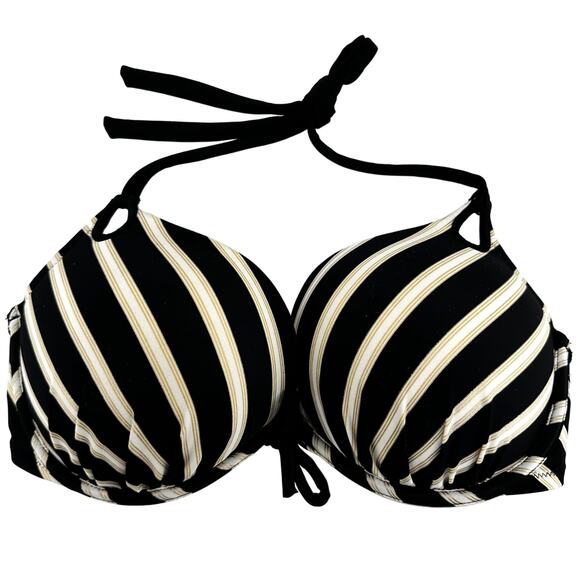 Victoria's Secret Push Up Bra Bikini Top Halter Striped Black Cream 34DD - Picture 1 of 4